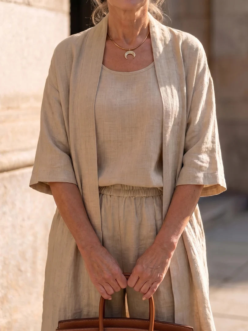Women's Three-Piece Set – Mid-Length Cardigan, Tank Top and Straight-Leg Trousers