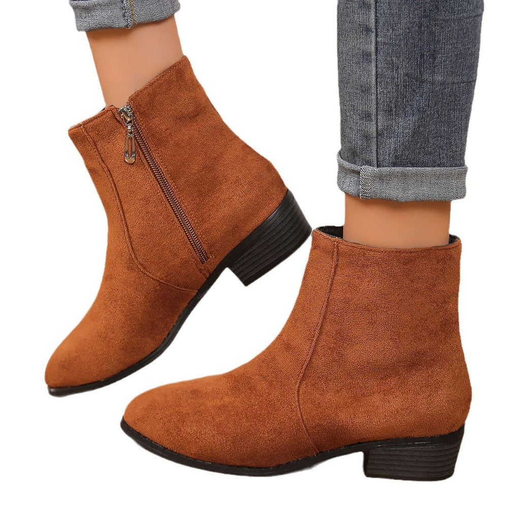 Women's Suede Ankle Boots – Block Heel, Side Zip Closure