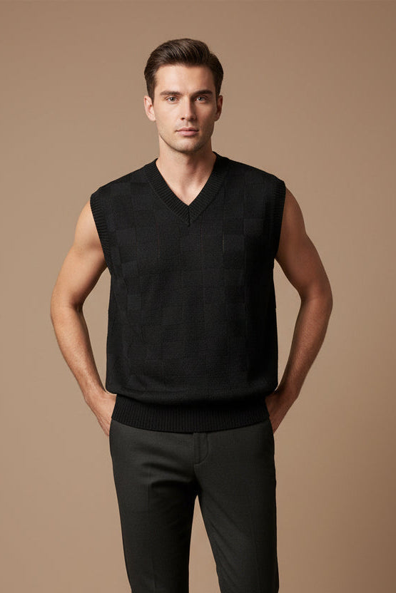 Men's Knitwear Vest – V-Neck Sleeveless Plaid Pattern