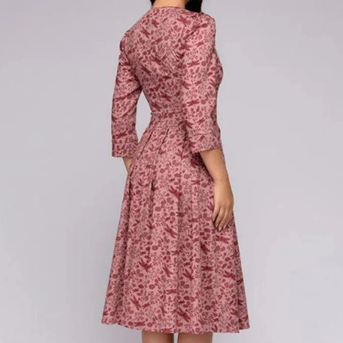 Women's Midi Flared Printed Dress – Elegant Pleats, Defined Waist