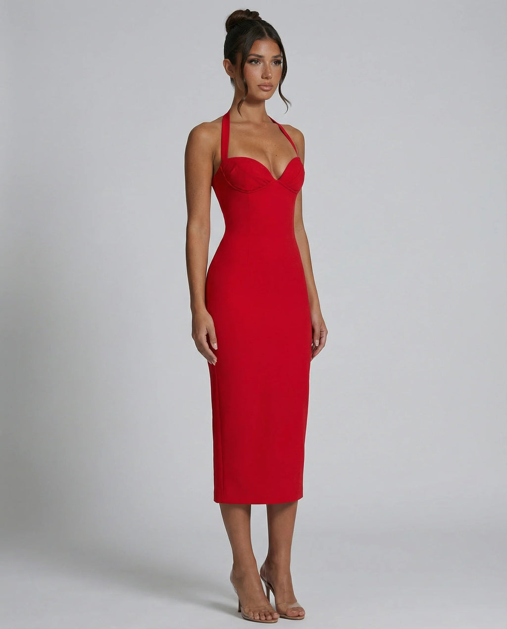 Women's Midi Dress – Halter Neckline, Structured Fit, Back Slit