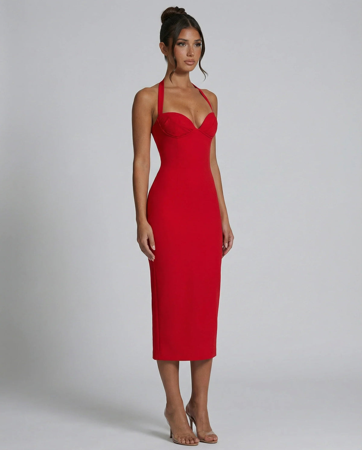 Women's Midi Dress – Halter Neckline, Structured Fit, Back Slit
