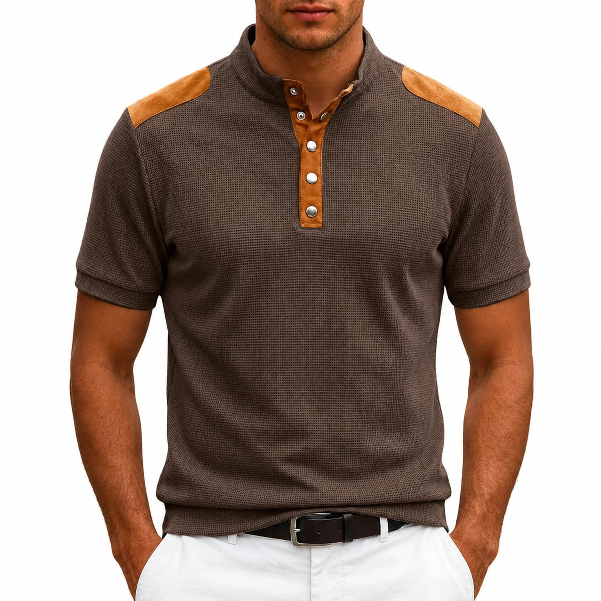 Men's Buttoned Stand-Collar T-shirt – Contrasting Panel Detail