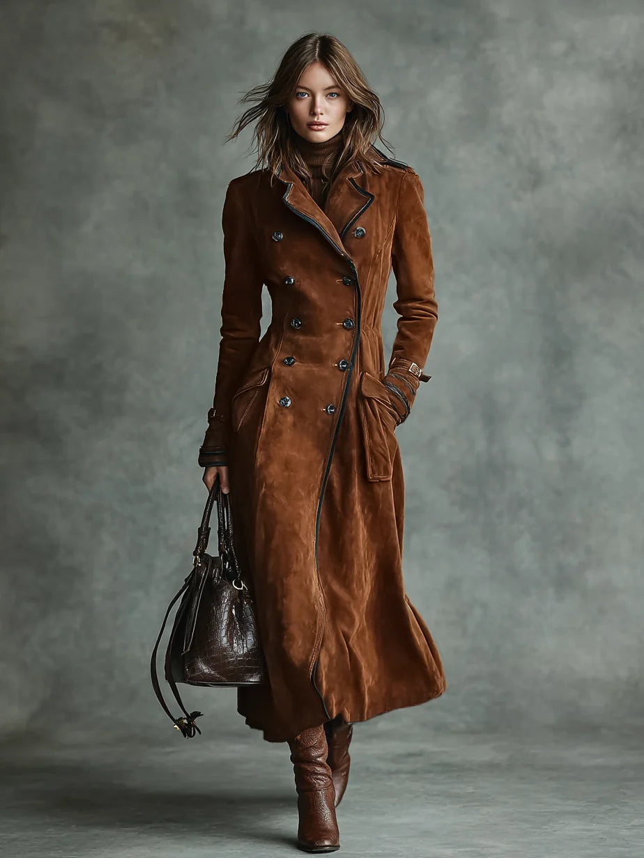 Women's Long Faux Suede Coat – Modern Notched-Collar Silhouette