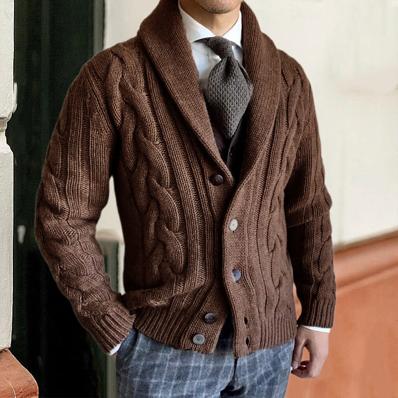 Men's Knit Cardigan - Buttoned Twisted Shawl Collar