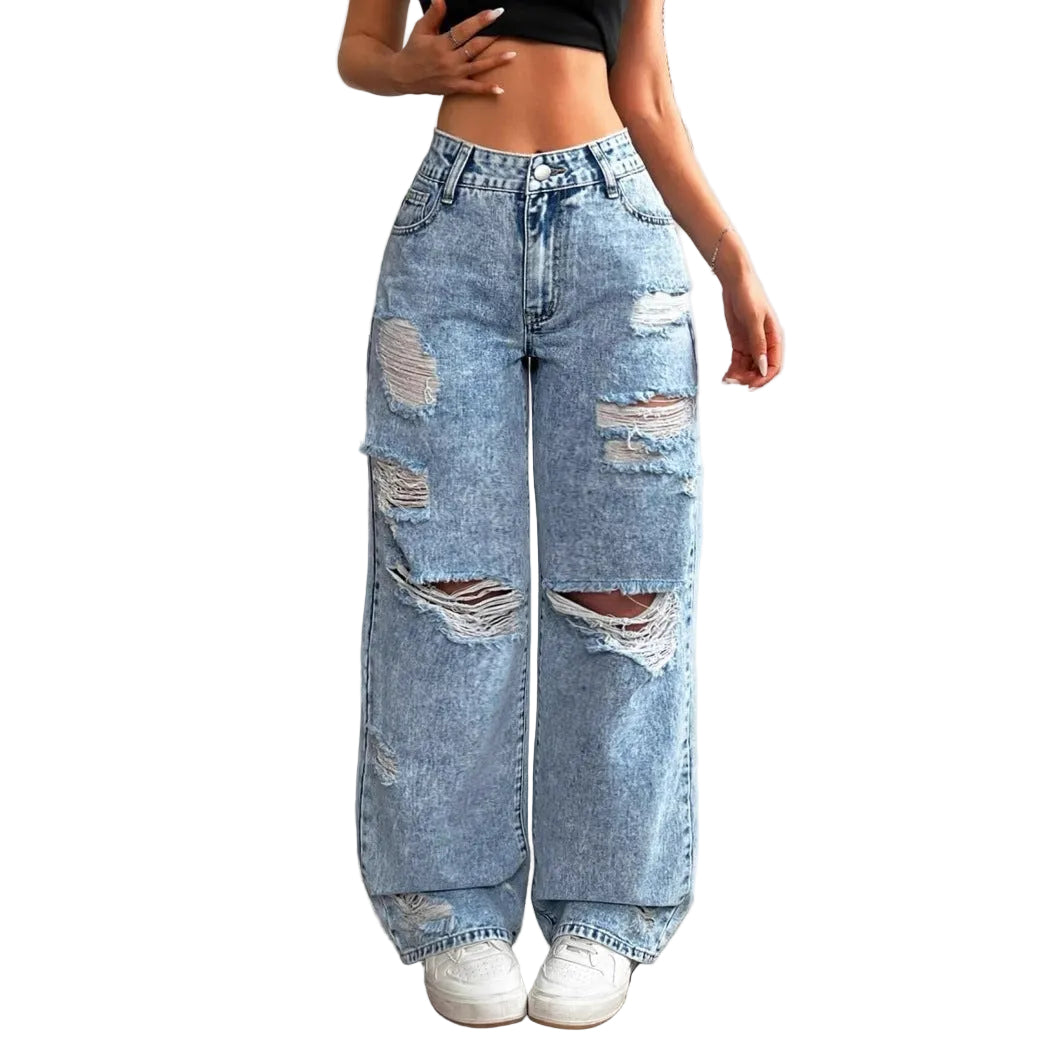 Women's High-Waisted Cotton Jeans – Wide Straight-Leg Distressed Fit