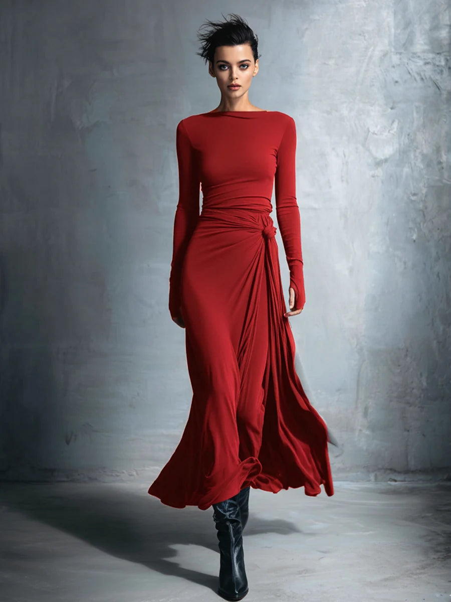 Maxi Wrap Dress for Women – Elegant Bow Detail Long Sleeves