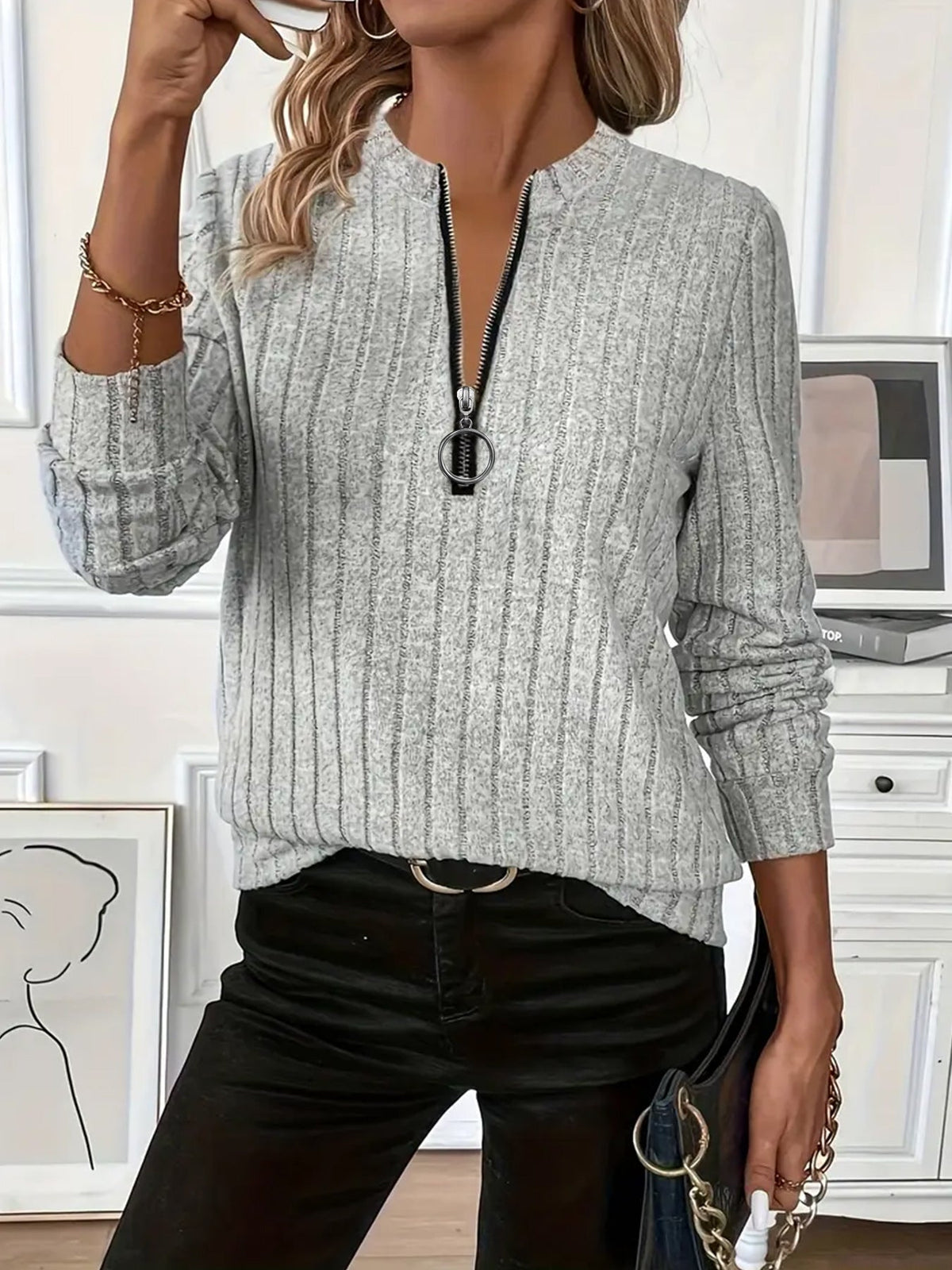 Women's Ribbed Knit Top – Zip-Up Collar, Relaxed Fit