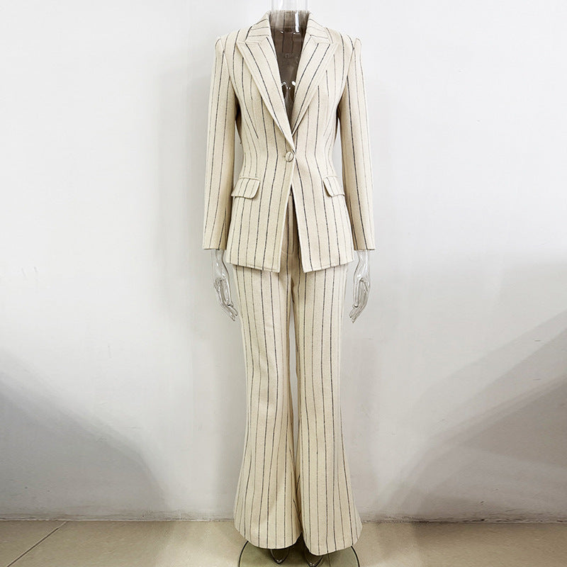 Women's Striped Two-Piece Set – Brushed Suit Jacket and Trousers