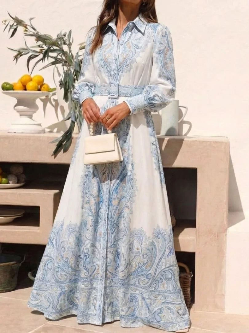 Women's Maxi Printed Dress – Notched Collar, Lantern Sleeves