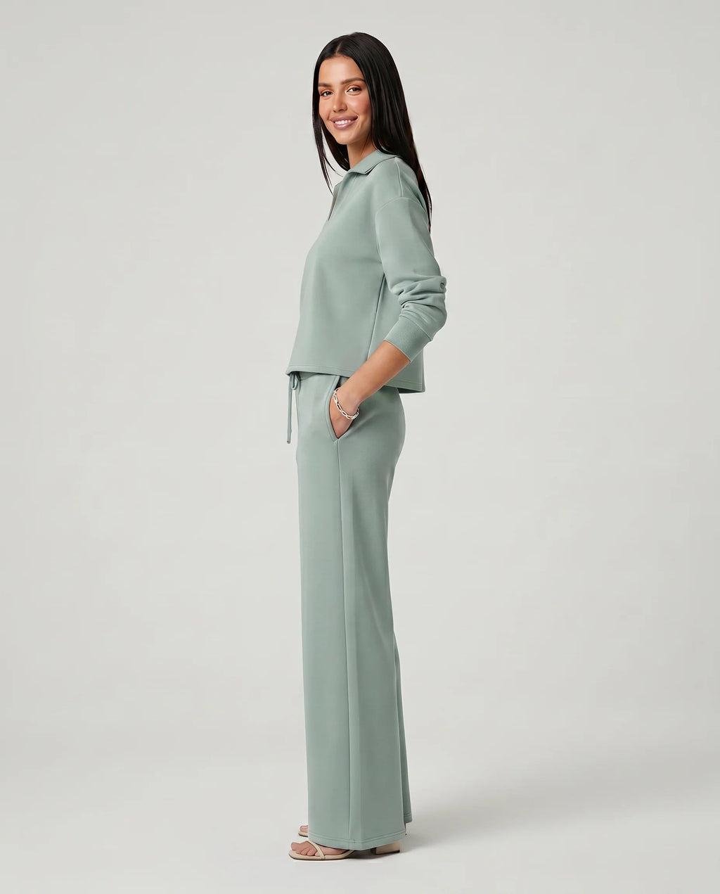 Women's Two-Piece Set – Relaxed V-Neck Top and Wide-Leg Trousers