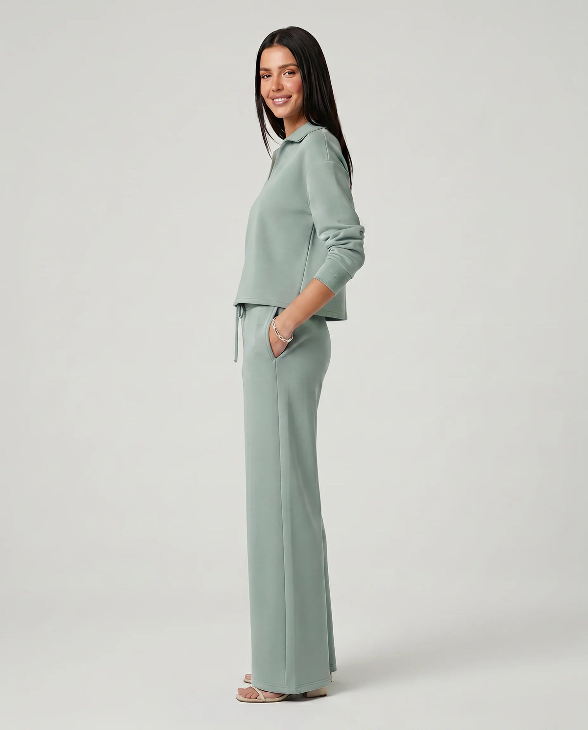 Women's Two-Piece Set – Relaxed V-Neck Top and Wide-Leg Trousers