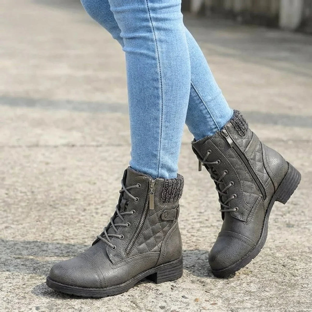 Women's Quilted Ankle Boots - Laces and practical side zip