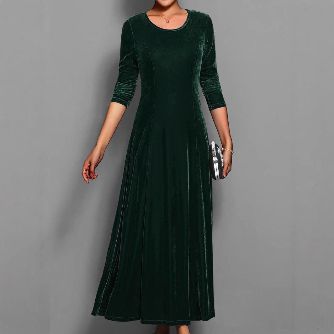 Women's Long Velvet Dress – A-Line Fit, Elegant 3/4 Sleeves