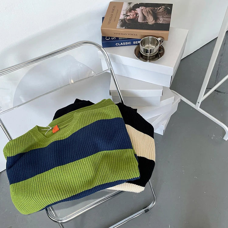 Men's Striped Sweater – Crew Neck, Loose Fit