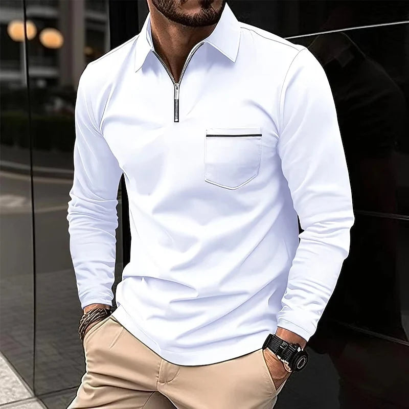 Men's Long-Sleeve Zippered Polo – Elegant Front Pocket