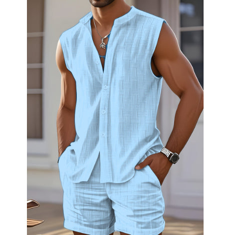 Men's Two-Piece Set in Blended Cotton – Open Collar Shirt, Sleeveless, Lightweight