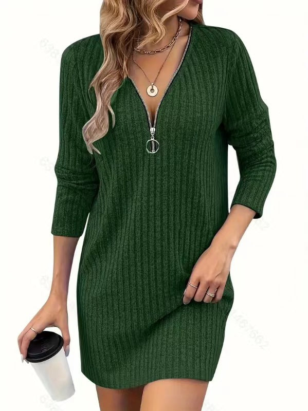 Women's Ribbed Knit Mini Dress – Zipped Neckline, Relaxed Fit