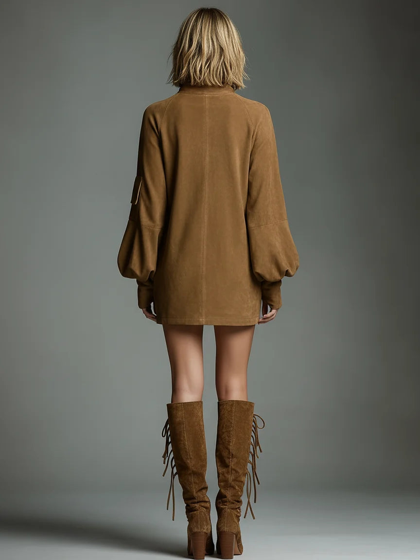 Mini Dress for Women with High Neck and Long Sleeves – Casual Fit