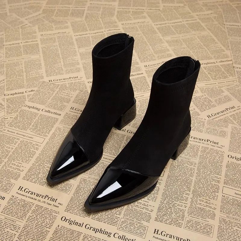 Women's Ankle Boots with Wide Heel – Pointed Toe, Low Shaft