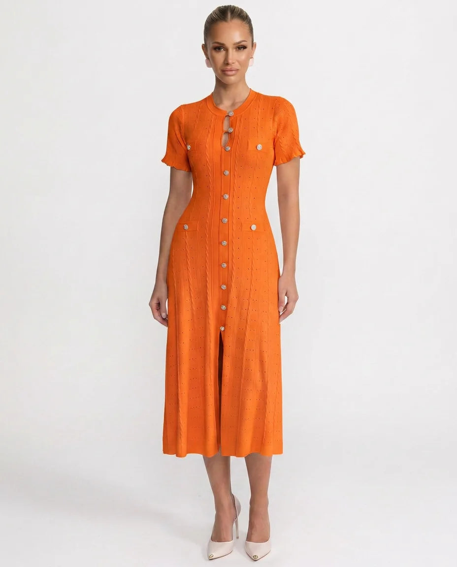 Women's Ribbed Knit Dress – Elegant Button Fastening and Midi Fit