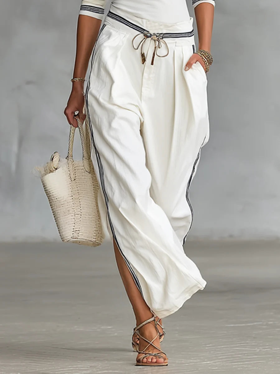 Two-Piece Set for Women – Long-Sleeved Top and Wide-Leg Trousers with Contrasting Details