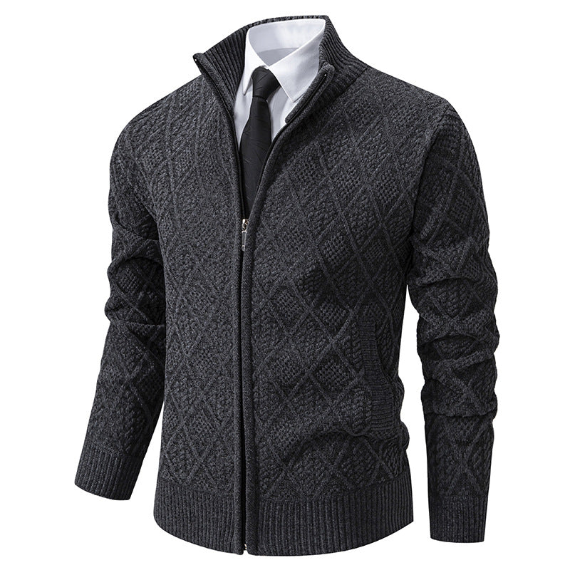 Men's Cardigan with Stand Collar - Zip Closure and Side Pocket