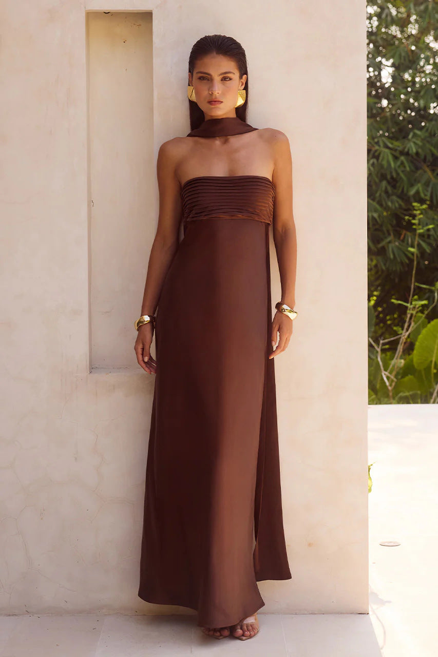 Women's Satin Maxi Dress – High Waist Lace Detail
