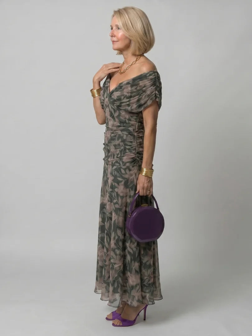 Women's Maxi Chiffon Dress – V-Neck Print, Short Sleeves