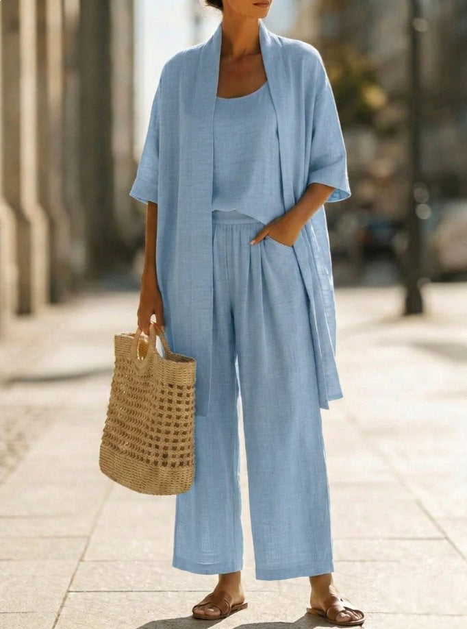 Women's Three-Piece Set – Mid-Length Cardigan, Tank Top and Straight Trousers