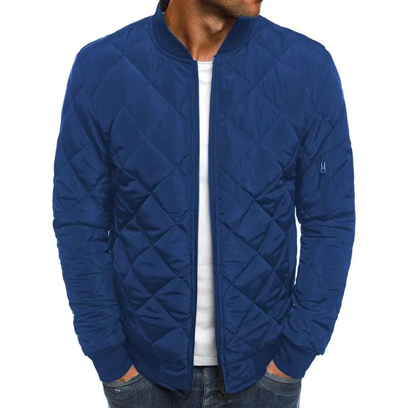 Men's Quilted Bomber Jacket – Stand Collar with Diamond Pattern