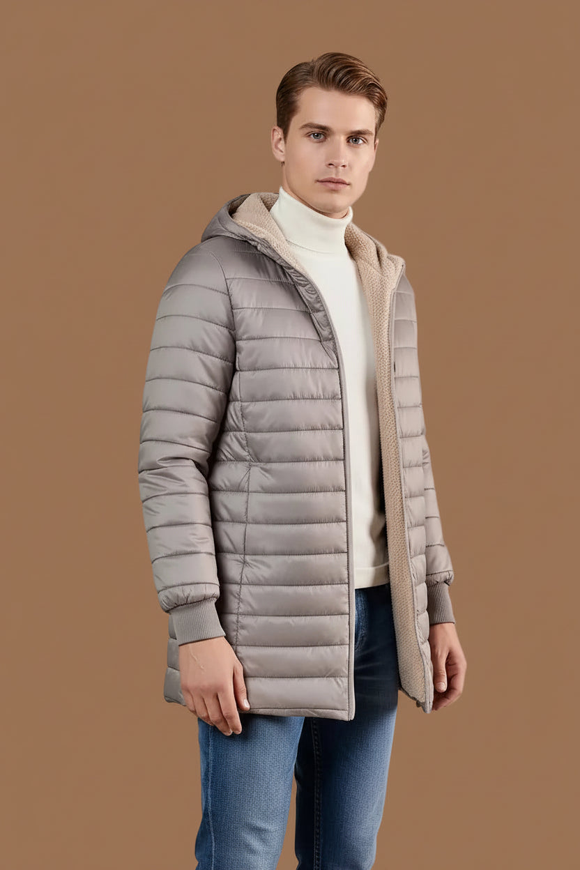 Men's Mid-Length Hooded Quilted Jacket - Fleece Lining