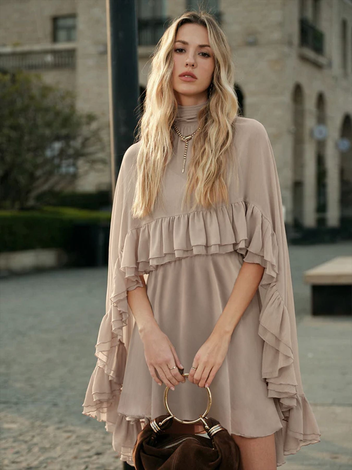 Women's Chiffon-Style Midi Dress – Elegant Ruffles