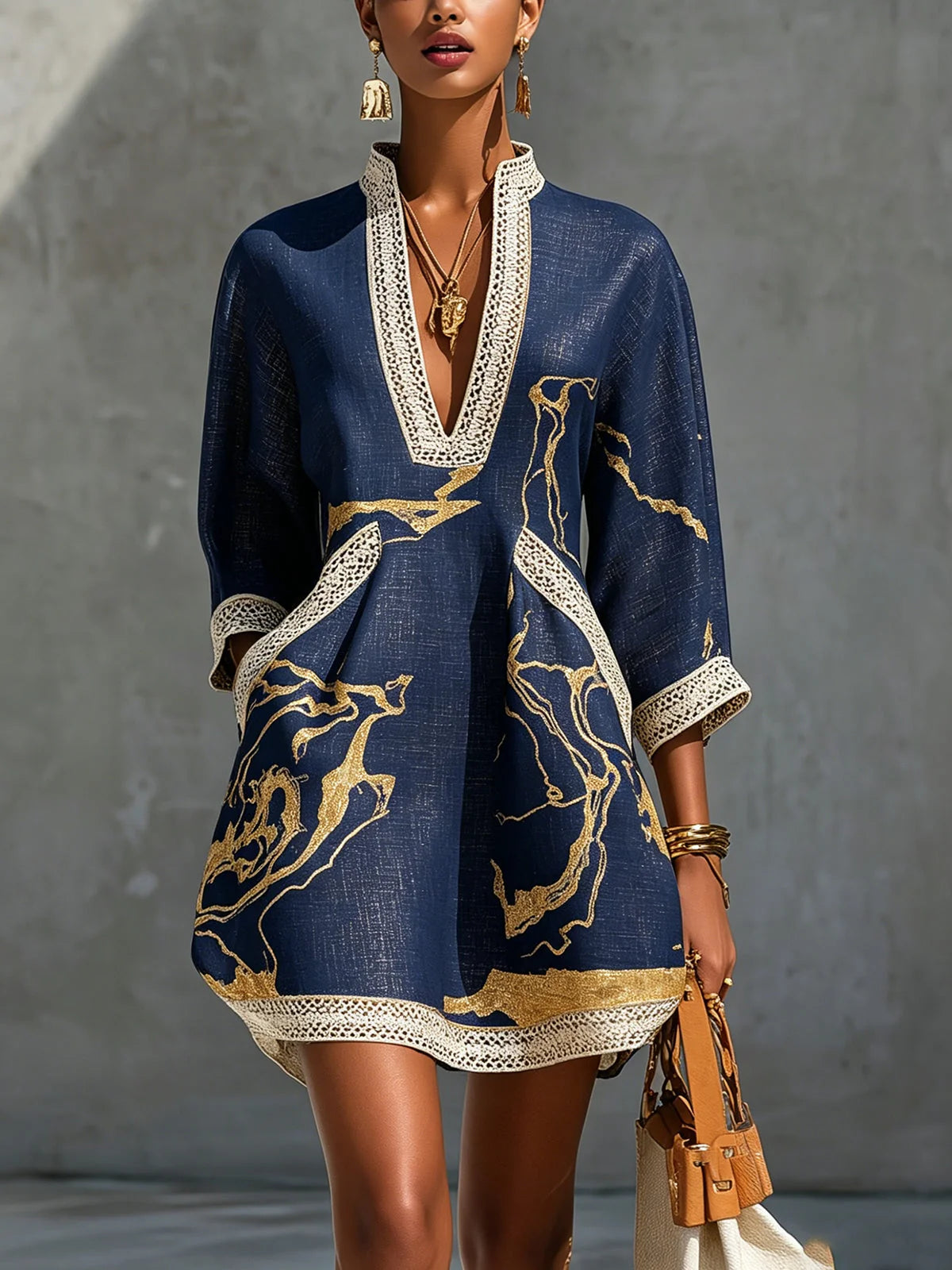 Women's Mini Dress V-Neck Lace – Casual Three-Quarter Sleeves