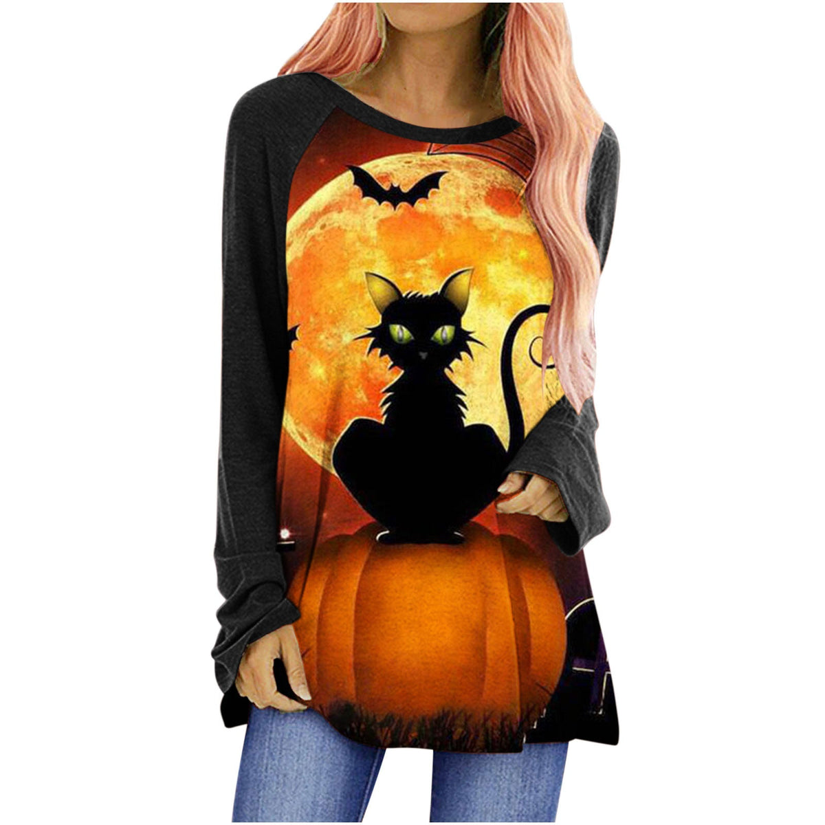 Women's Long-Sleeved Halloween Top - Casual Crew Neck with Graphic Design