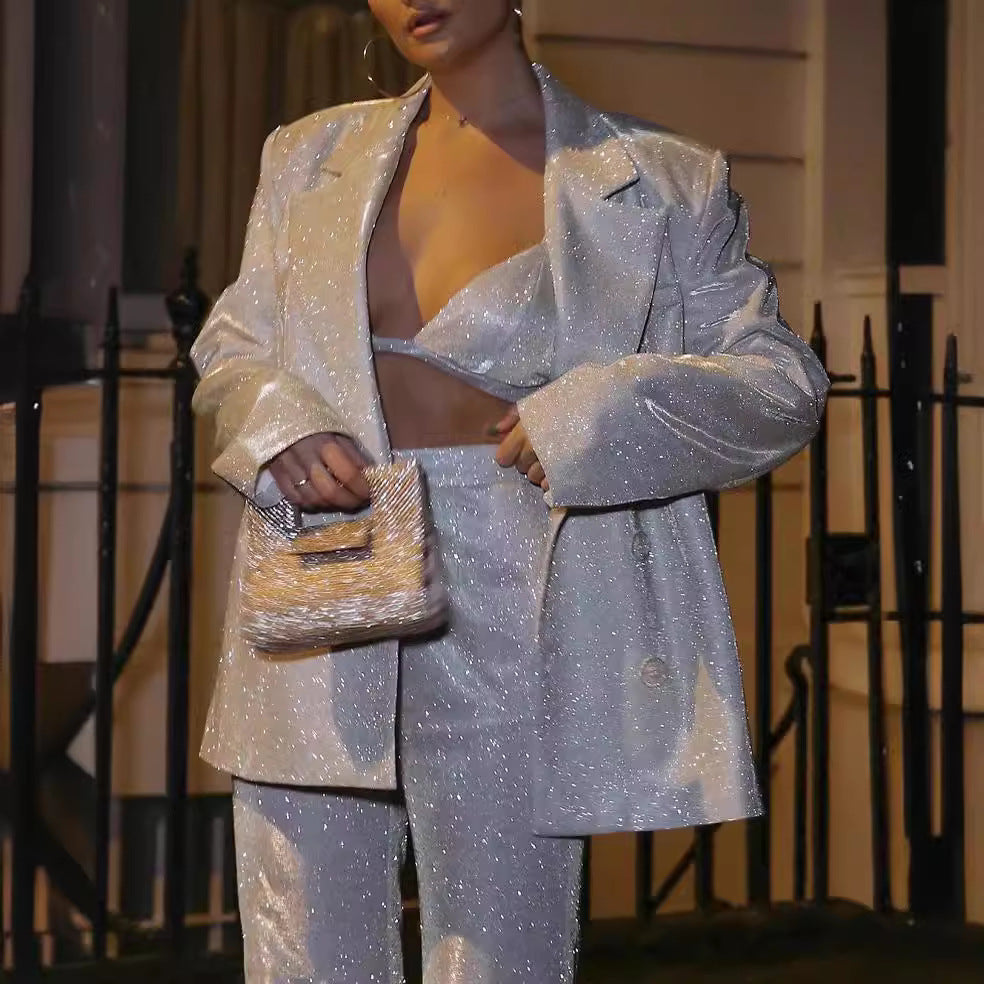 Women's Three-Piece Set – Relaxed Blazer, Bralette, Trousers