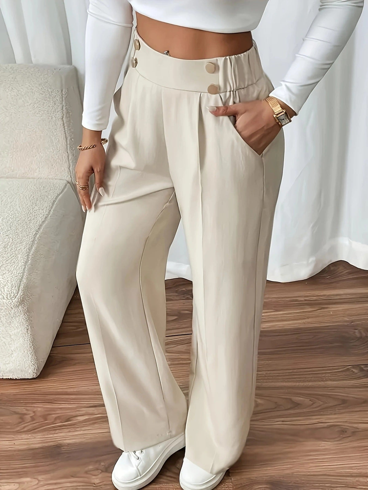 Women's High-Waisted Straight-Leg Trousers - Practical Pockets