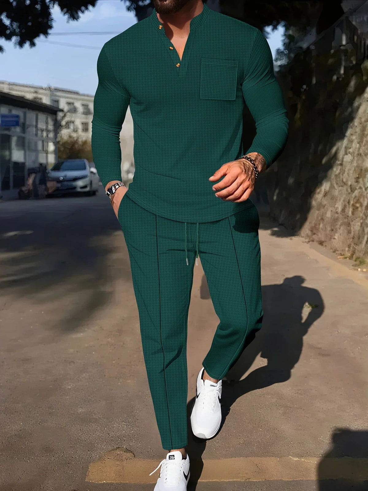 Men's Two-Piece Waffle Set – Henley Top & Casual Trousers