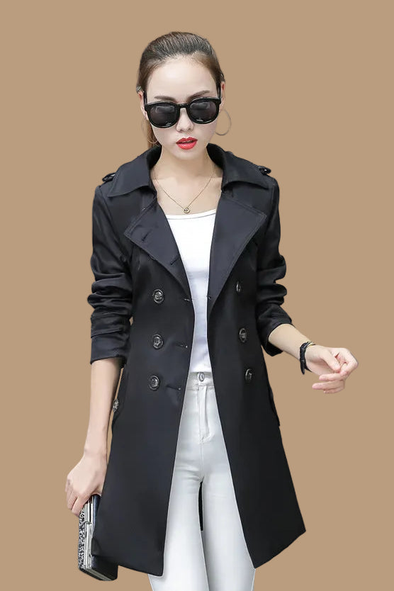 Women's Slim-Fit Trench Coat – Double-Breasted, Mid-Length