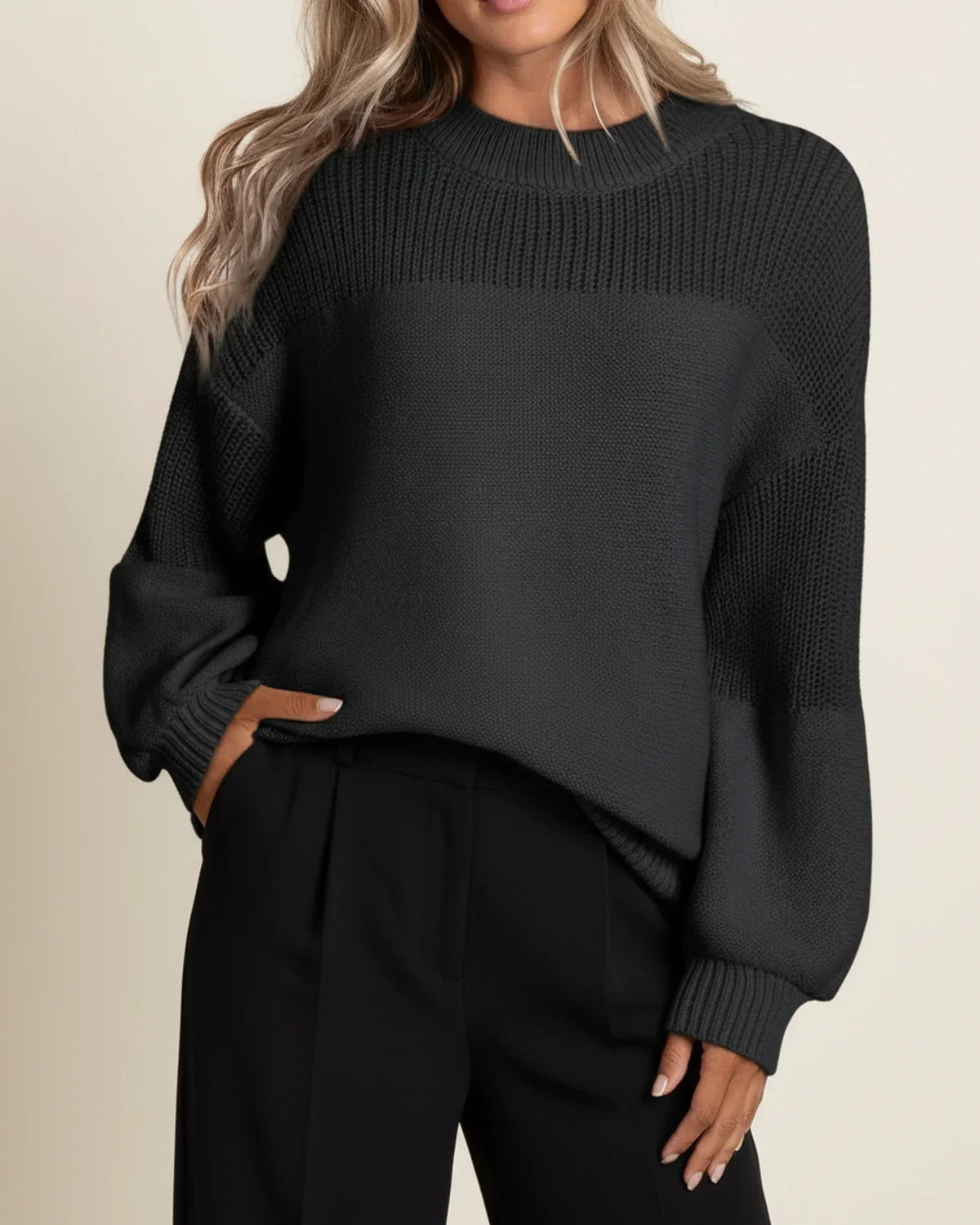 Women's Sweater Lantern Sleeves – Round Neck, Crochet Flower Detail