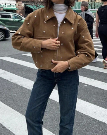 Men's Suede-Look Studded Jacket – Stylish Vintage Collar