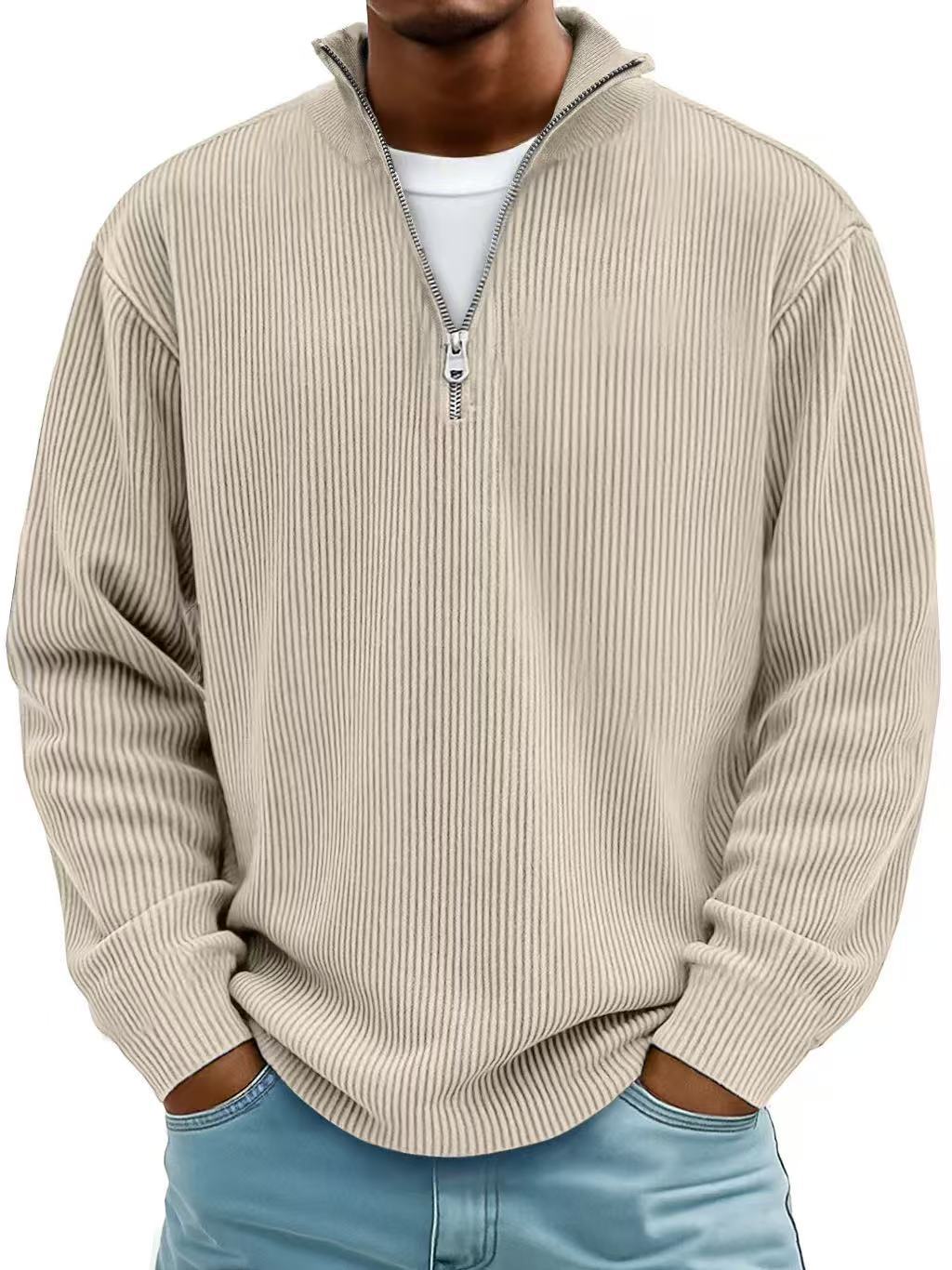 Men's High-Neck Zippered Sweater – Ribbed Knitwear, Versatile Look