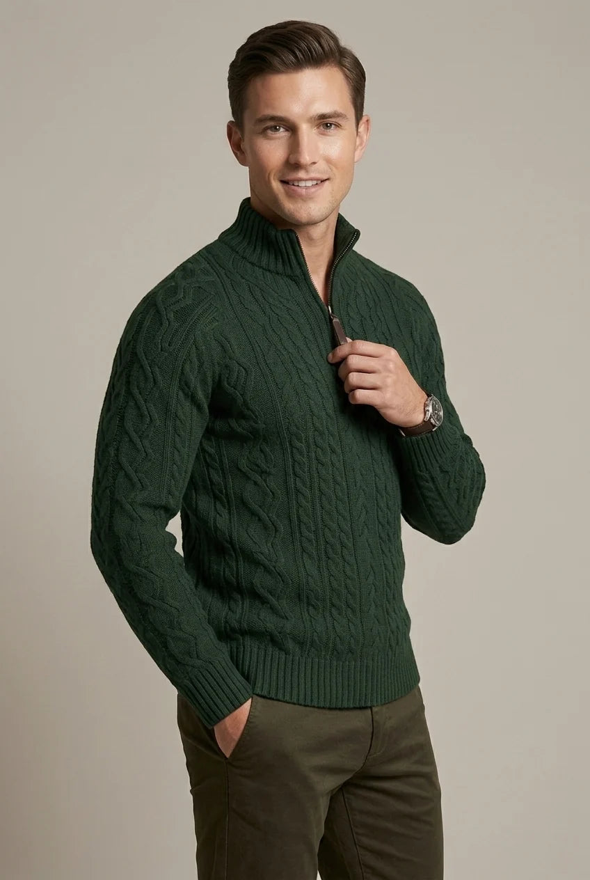 Men's Sweater with Zippered Collar – Thick Cable Knit