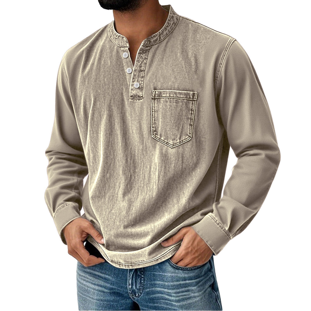Long-Sleeve Men's Henley – Slim Fit with Three Buttons