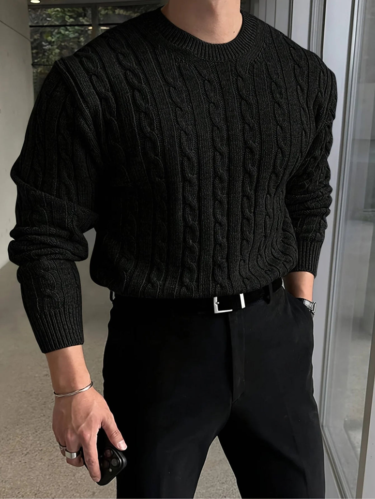 Men's Turtleneck Sweater – Thick Knit with Textured Pattern
