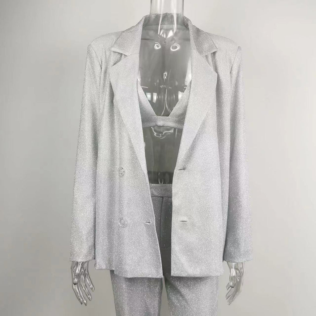 Women's 3-Piece Set – Shiny-Finish Blazer, Bralette, Straight-Leg Trousers
