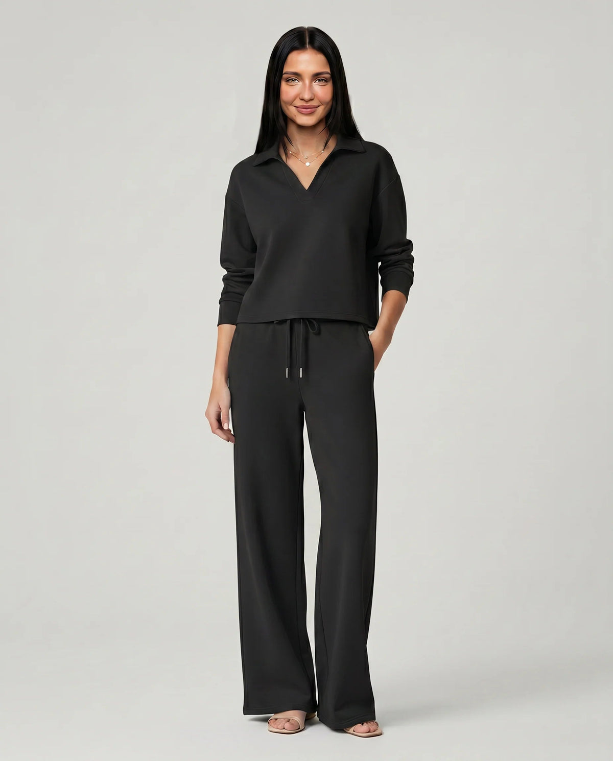 Women's Two-Piece Set – Relaxed V-Neck Top and Wide-Leg Trousers