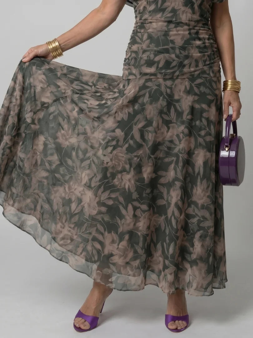 Women's Maxi Chiffon Dress – V-Neck Print, Short Sleeves