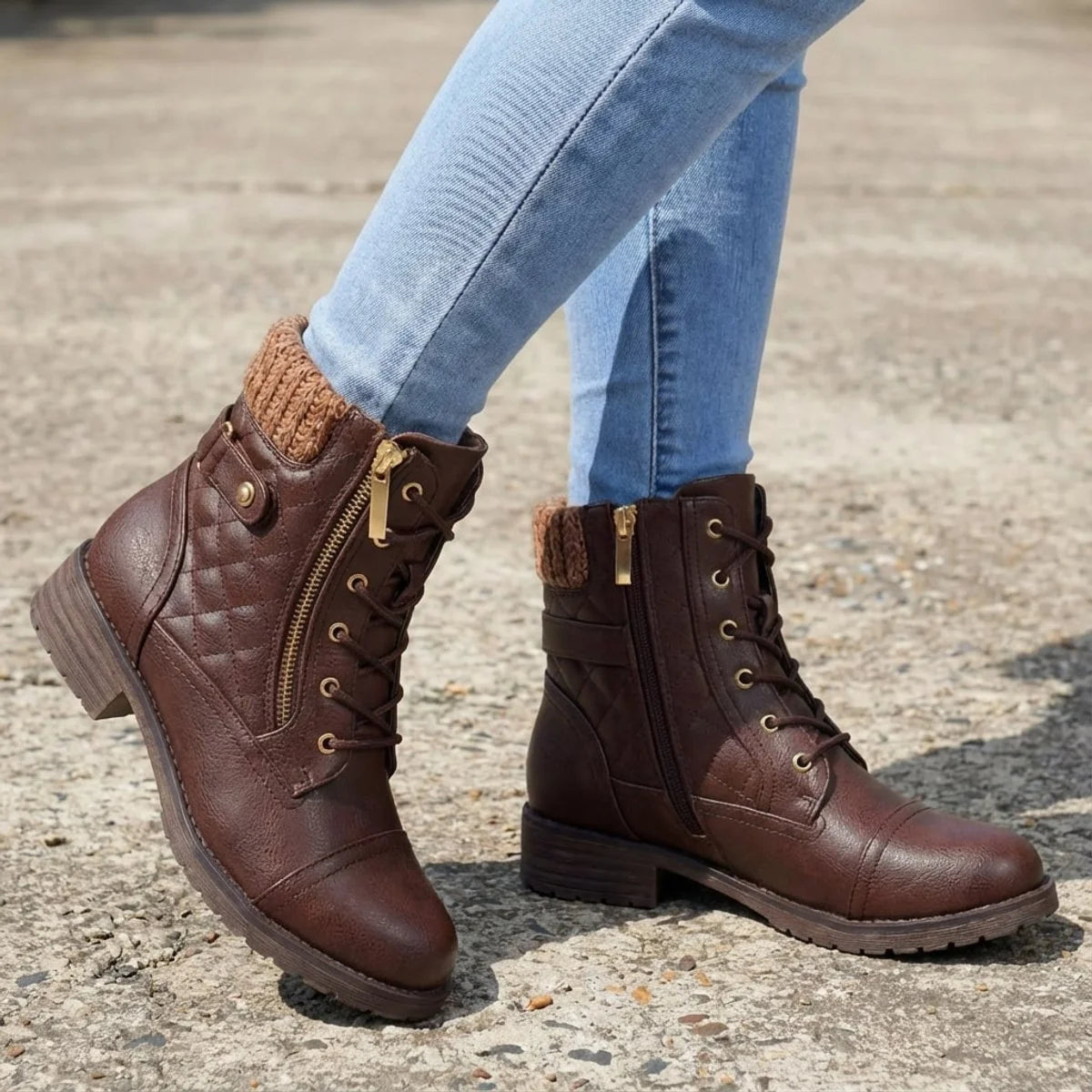 Women's Quilted Ankle Boots - Laces and practical side zip