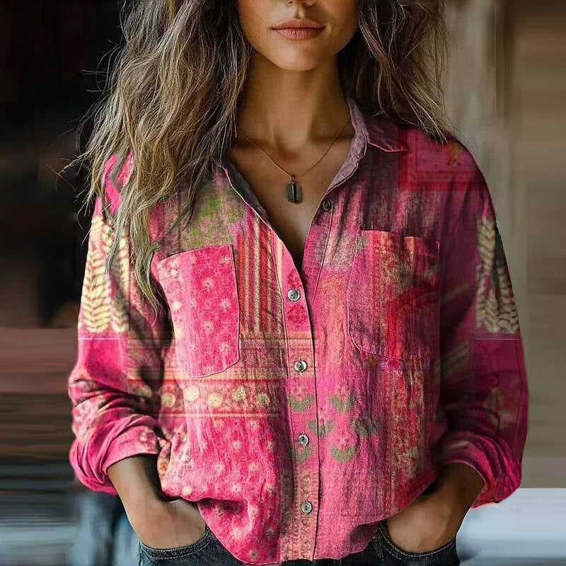 Women's Linen-Style Top – Long Sleeves, Loose Fit, 3D Pattern